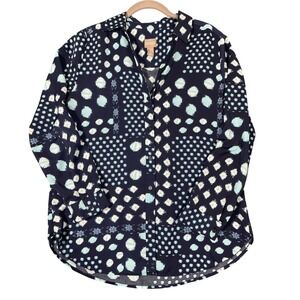 Chicos 1 Women M Shirt Blouse Blue Dot Button Up Casual Summer Rolltab Slv Relax
